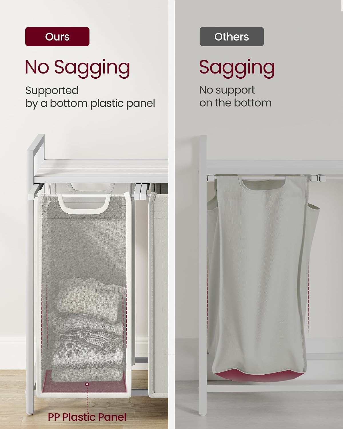 VASAGLE Laundry Hamper, Laundry Basket Sorter with 3 Pull-Out and Removable Bags, Shelf, Metal Frame, 3 x 10.6 Gallons (40 L), 36.4 x 13 x 28.4 Inches, Cappuccino Beige and Natural Beige UBLH301LH01