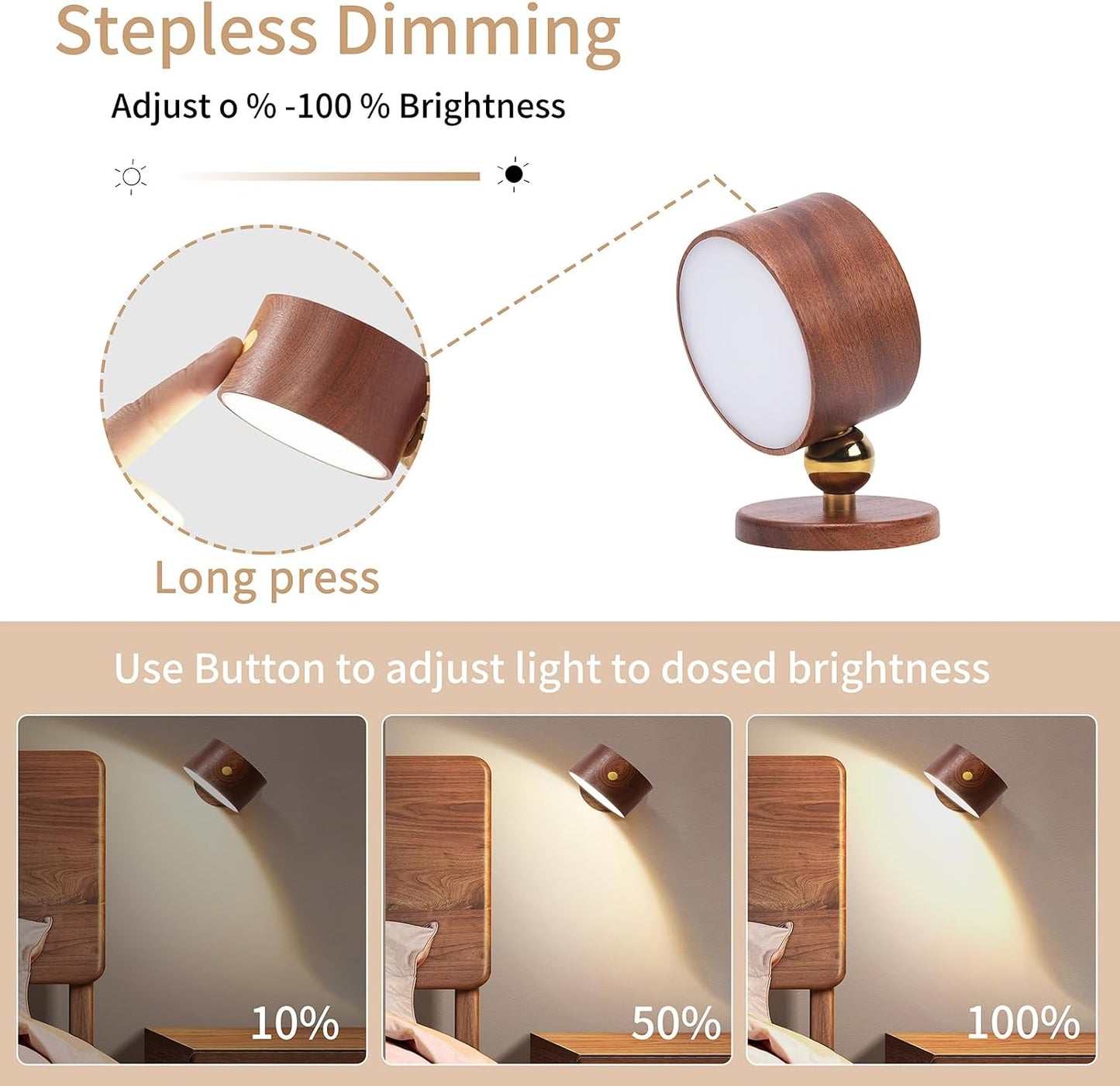 Wooden Wall Sconce 360° Rotatable Magnetic Stick on Bedside- Beech,1 PCS | Wall light self adhesive,dimmable touch control. USB-C port, minimalist style in hallways,closets,desk,reading,ambient