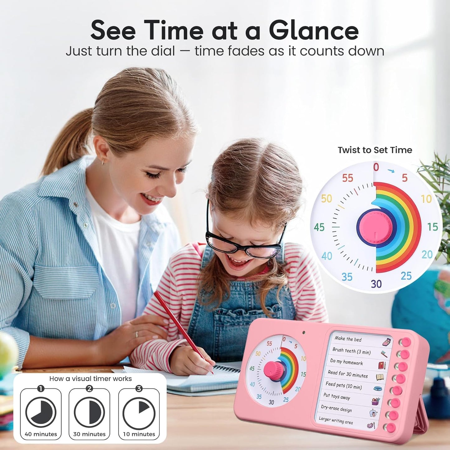 2-in-1 Visual Timer ADHD with Task Board, to-Do List, Checklist | Dry Erase Chore Chart and Visual Schedule for Kids ADHD, Rainbow Countdown Timer for Classroom, Home, Homeschool (White)