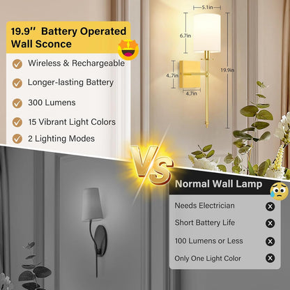 Battery Operated Wall Sconces Set of 2, Rechargeable Sconces with Remote