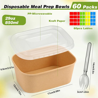 60 Packs 35oz Disposable Meal Prep Containers with Lids & Utensils | Leak-Proof Microwave/Freezer Safe Food Prep Container with Labels , Sturdy Kraft Paper Bowls for Meal Prep, Lunch & Leftovers