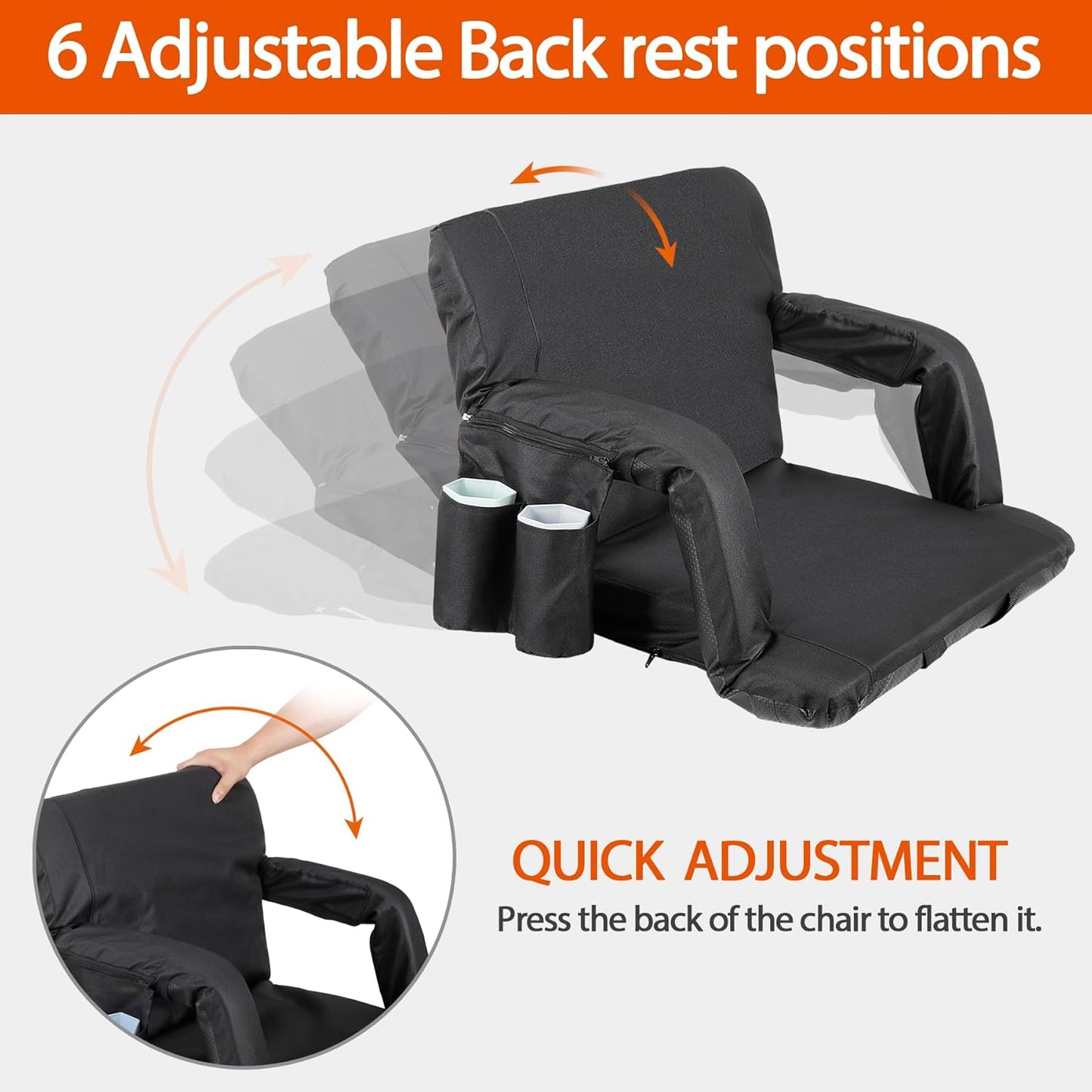 LEMY 20.5"/ 25" Wide Adjustable Stadium Seat for Bleachers Portable Water Resistant Stadium Chair with Back/Arms/Cushion for Outdoor or Indoor
