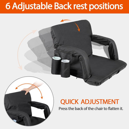 LEMY 20.5"/ 25" Wide Adjustable Stadium Seat for Bleachers Portable Water Resistant Stadium Chair with Back/Arms/Cushion for Outdoor or Indoor
