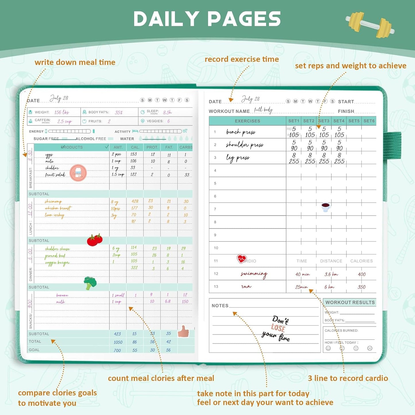 Food Journal & Workout Log Book: Daily Fitness Tracker & Food Diary with Calorie Counter | Exercise Planner Fitness Journal for Gym, Yoga, Weight Loss Goals | Workout Essentials for Women & Men, Green