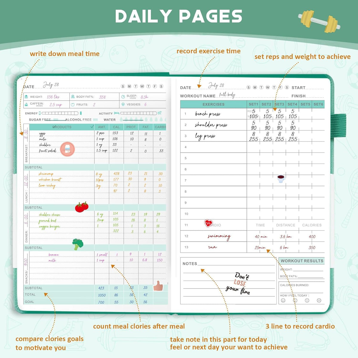 Food Journal & Workout Log Book, 90 Day Fitness Journal Tracker Diary