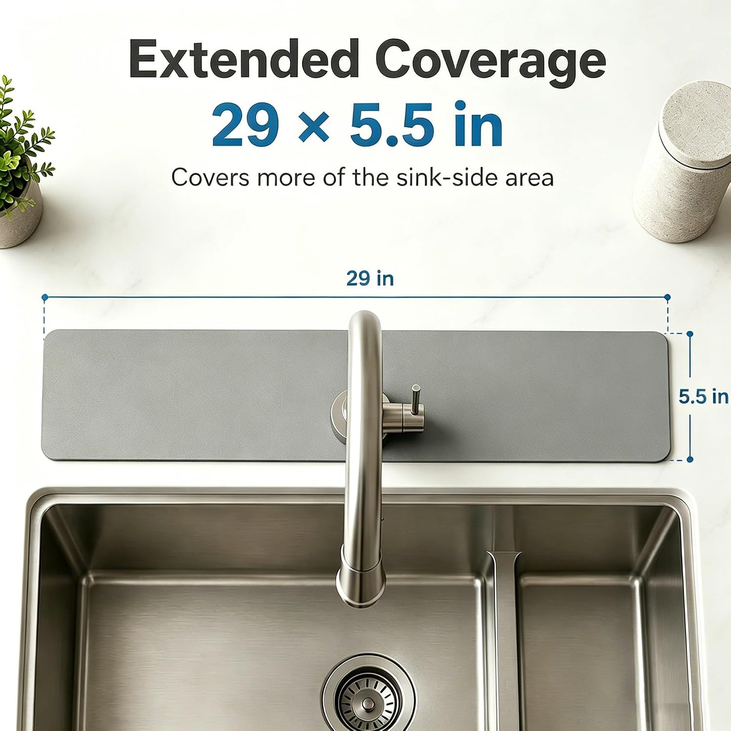 29"L x 5.5"W Customizable Grey Faucet Mat: Quick Dry Extra Absorbent Sink Mat & Bathroom Counter Protector - Freely Custom Cuttable with 2 or 3 Hole Faucet Design - Extra Long Splash Guard Pad