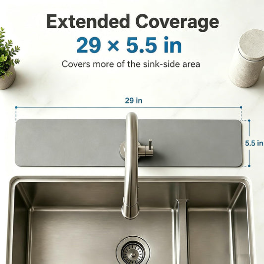 29"L x 5.5"W Customizable Grey Faucet Mat: Quick Dry Extra Absorbent Sink Mat & Bathroom Counter Protector - Freely Custom Cuttable with 2 or 3 Hole Faucet Design - Extra Long Splash Guard Pad
