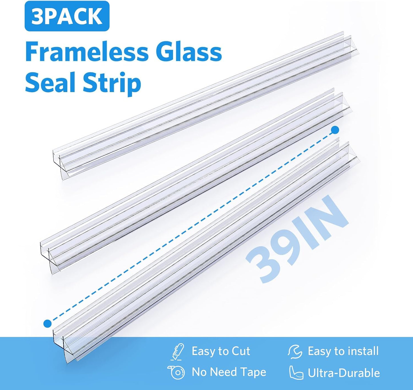 Delamu 3-Pack Shower Door Bottom Seal, 3/8''× 39'' Shower Door Sweep Strip | Shower Seal Strip for 3/8'' (10mm) Doors, Frameless Glass Shower Door Seal Strip Stop Shower Leaks and Create a Water Barrier