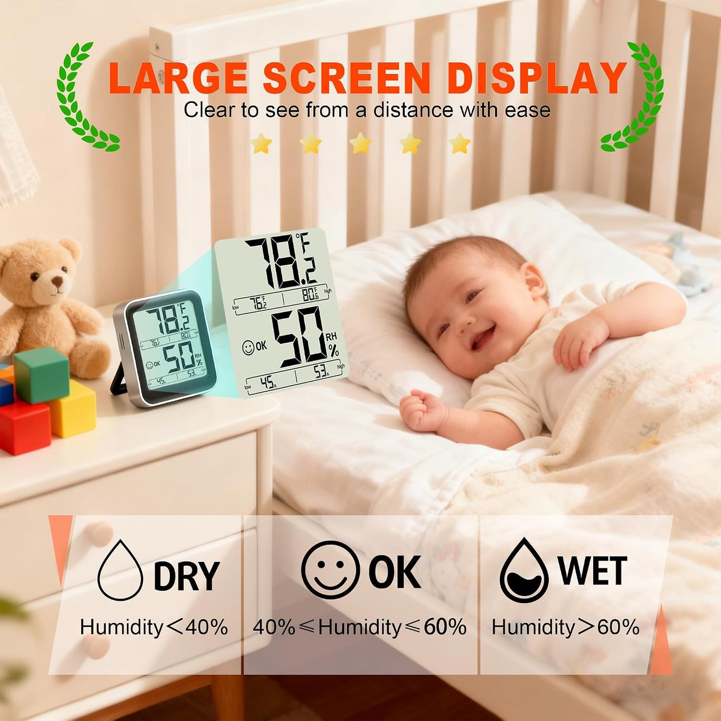 Indoor Thermometer Hygrometer, Max Min Records, w/Battery | Real-time comfort indicator, 5s refresh, Easy To View, Magnetic/Stand, °F/°C switch for home, office, nursery, greenhouse