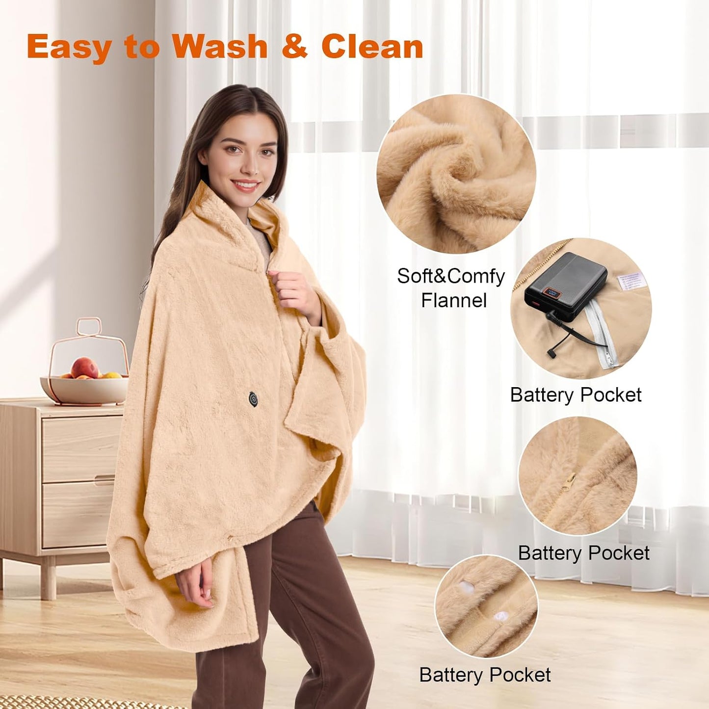 Heated Throw Blanket, Graphene Electric Heated Shawl, 20000mAh 7.4V Battery Operated, Fast Heating with 3 Temperature Levels Portable Heated Blanket, Wearable Cordless Heated Wrap (Khaki)