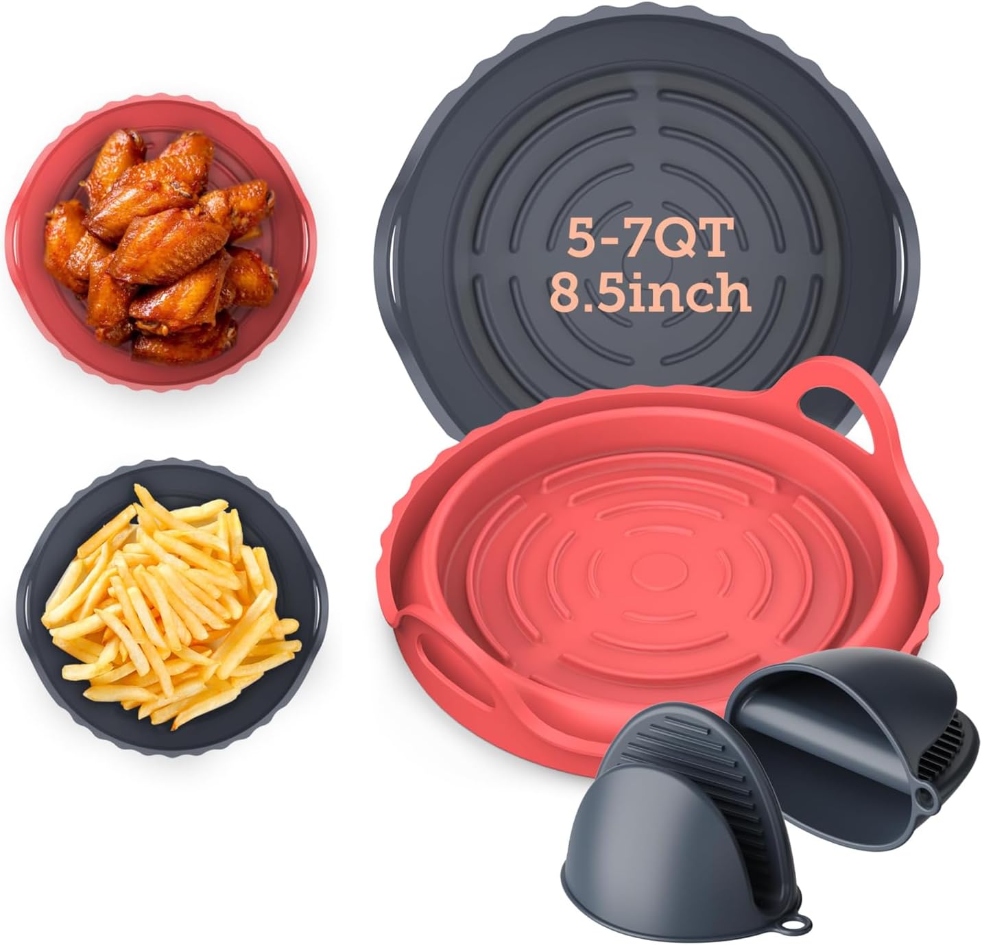 Cosori Air Fryer Silicone Liners for 3-5 Qt, Foldable 7.6 Inch Reusable Basket, Certified Food Grade Accessories, Resistant up to 450°F, Thickened & Durable, Non-stick Dishwasher Safe, Gloves, 2 Pcs