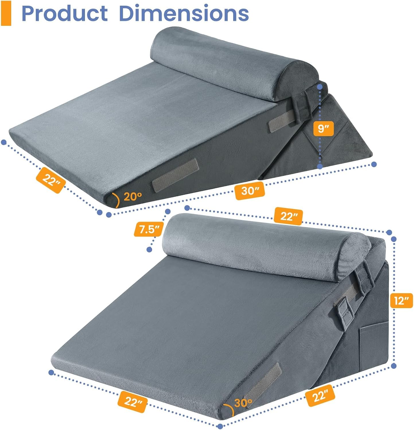 Sasttie Adjustable Wedge Pillow Set for After Surgery, Dark Grey & White | Bed Wedge Pillow Headboard with Memory Foam Neck Cushion, for Acid Reflux, Sleeping, Neck & Back Support