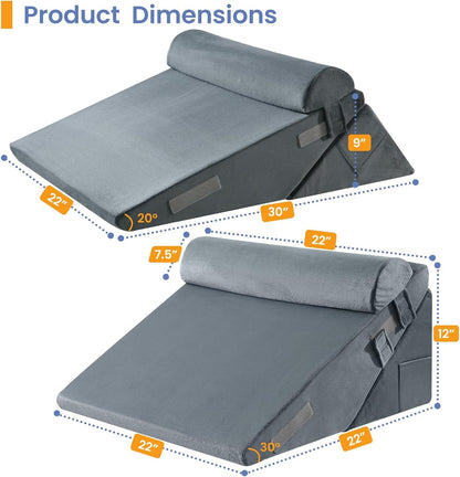 Sasttie Adjustable Wedge Pillow Set for After Surgery, Dark Grey & White | Bed Wedge Pillow Headboard with Memory Foam Neck Cushion, for Acid Reflux, Sleeping, Neck & Back Support