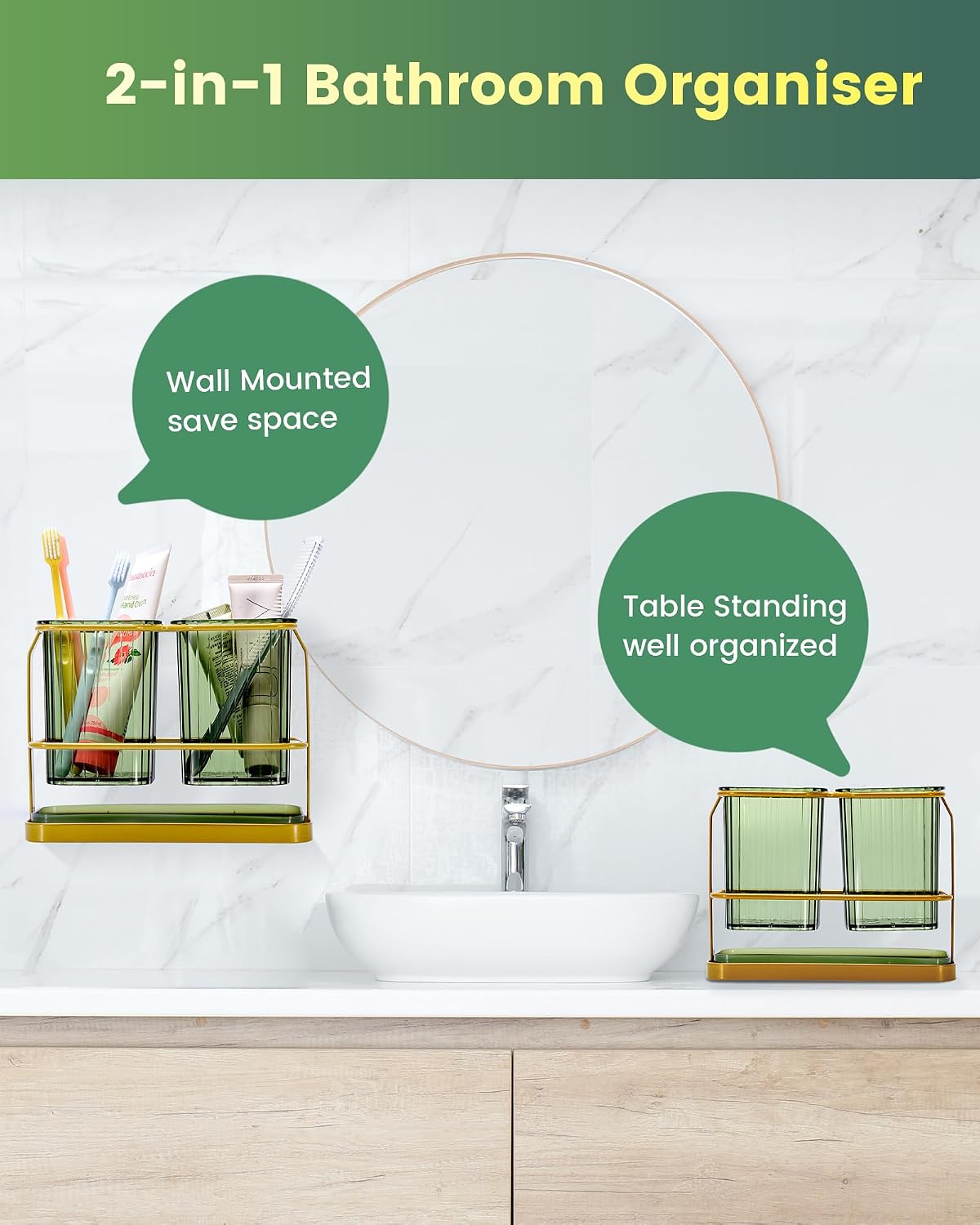 Clear Toothbrush Holders for Bathroom, 2 Cups Wall Mounted, Dry & Wet Separation, Organizers and Storage Set for Family Kids