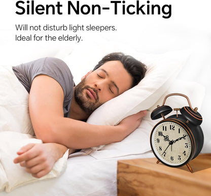 4.5" Metal Loud Alarm Clock for Heavy Sleepers Adults, Analog Battery Operated Alarm Clock with Bells Glow in Dark Numbers, Silent Old School Bedside Desk Clock for Bedroom Office Kids, Black