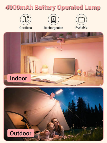 Clip on Light,45 Lighting Modes Rechargeable Desk Lamp with Clamp | 4000mAh Battery Operated Lamp,450 lm 48 LED Desk Light,Wireless & Cordless Reading Light for Bed/Bedside Table/Headboard/Dorm
