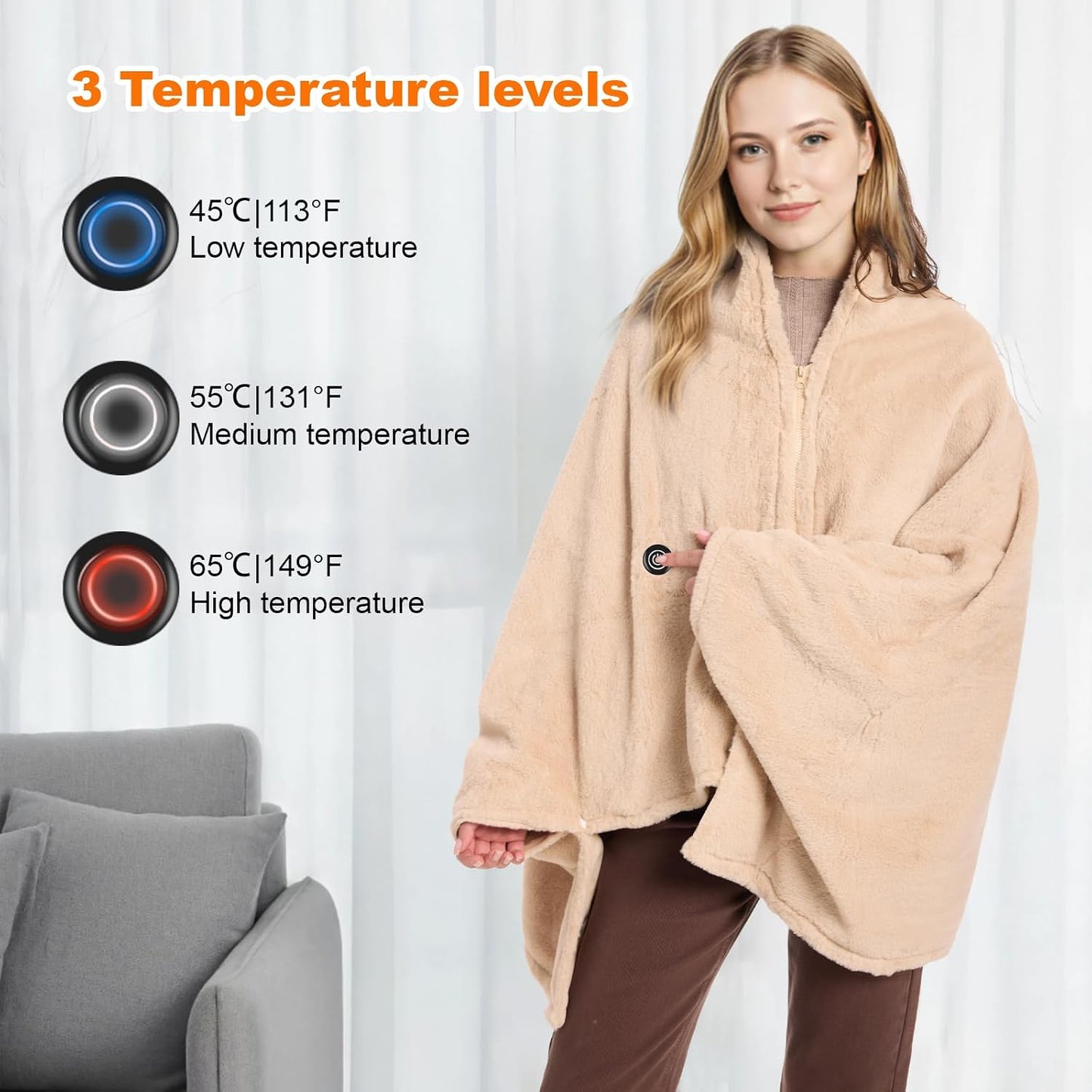 Heated Throw Blanket, Graphene Electric Heated Shawl, 20000mAh 7.4V Battery Operated, Fast Heating with 3 Temperature Levels Portable Heated Blanket, Wearable Cordless Heated Wrap (Khaki)