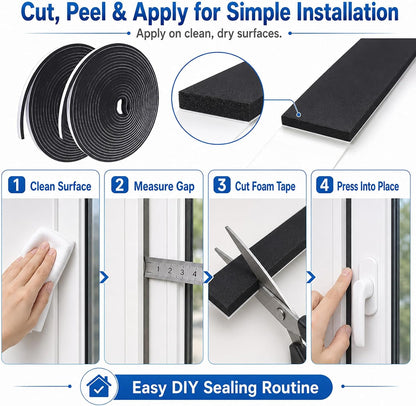 Weather Stripping Foam Tape 2 Rolls (1/2 in x 1/8 in x 16.4FT), Self Adhesive Door Seal for Small Gaps, Window Insulation, Draft Stopper Foam Strip Total 32.8 FT