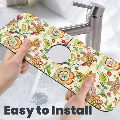 Boho Floral Mandala Yellow Faucet Splash Guard Mat for Kitchen Sink 15x5.5" | FDNUPIAN Kitchen Sink Splash Guard Faucet Faucet Guard Draining Mat Sink Splash Faucet Bathroom