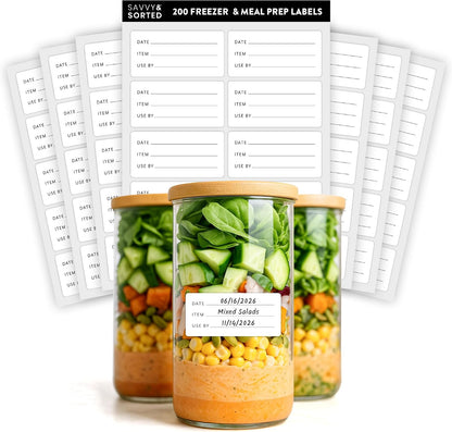 200 Meal Prep Freezer Food Labels - 2.75 x 1.25 Inch Freezer Tape Labels for Food Containers to Write On, Removable Easy Peel Off, Kitchen Pantry Storage Stickers, Oil Water Resistant