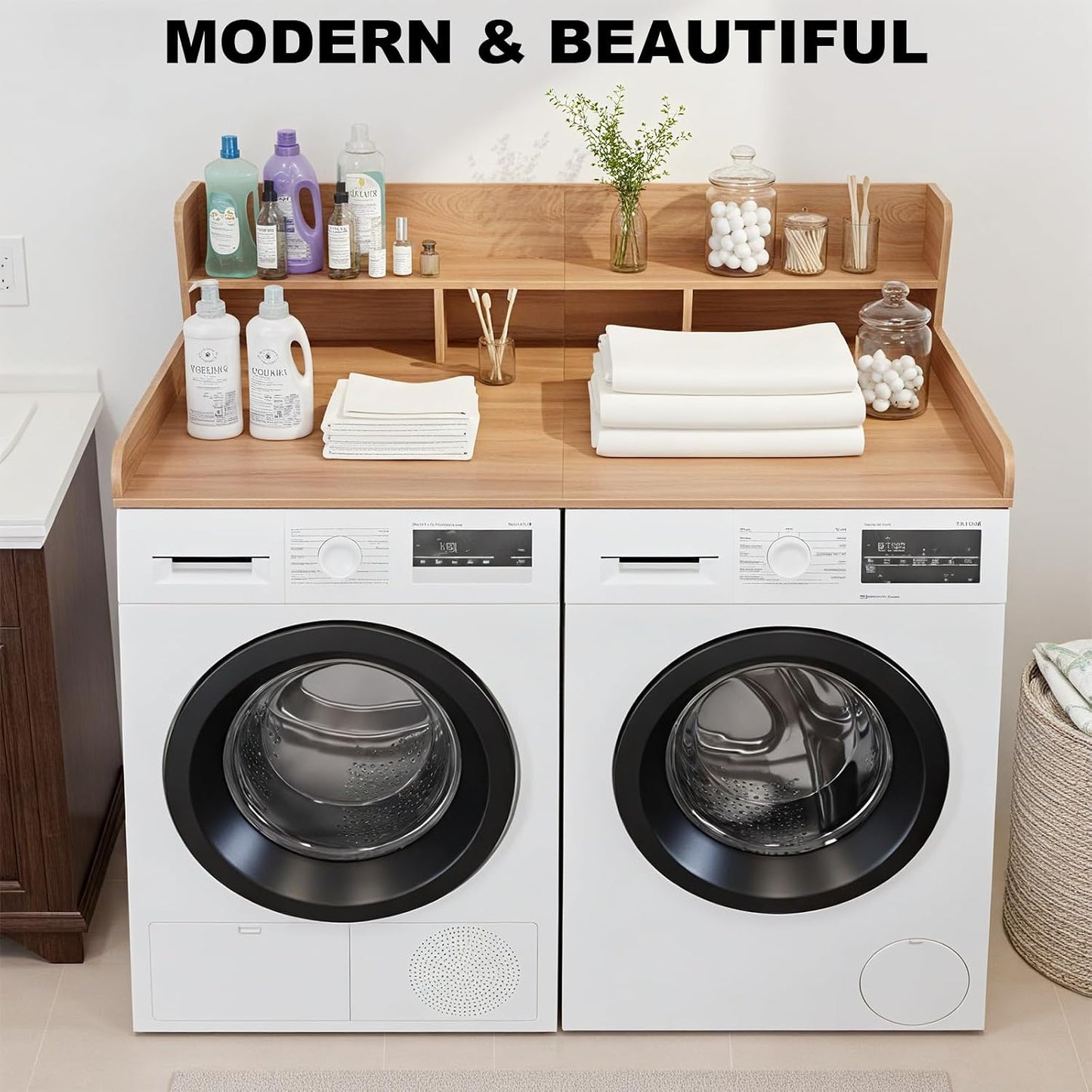 Washer Dryer Countertop with Shelf, 2-Tier Laundry Countertop Over Washer and Dryer, 54" x 27.55" Wooden Table for Folding Clothes for Laundry Room Organization and Storage (Oak)