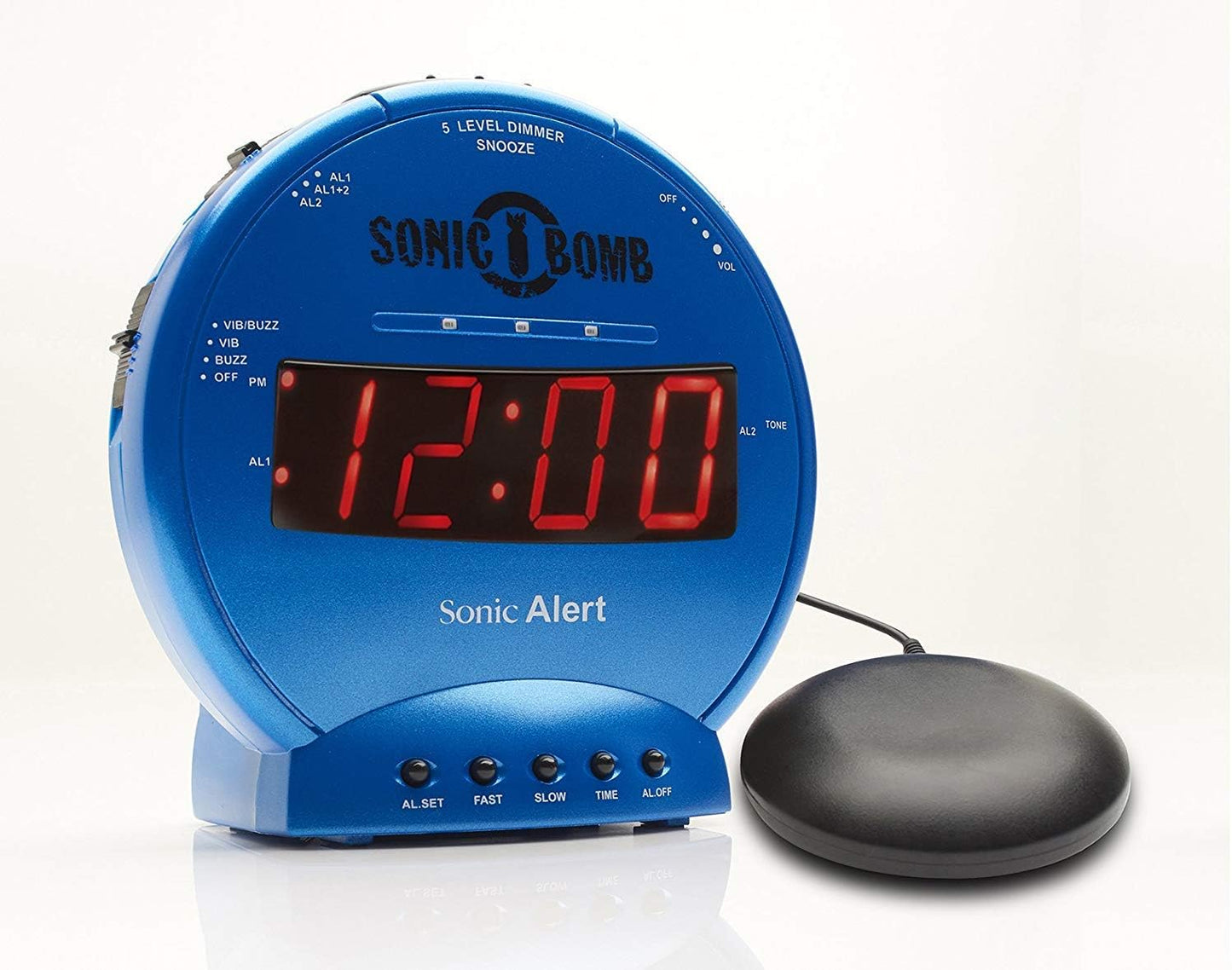 Sonic Alert Sonic Bomb Dual Alarm Clock with Bed Shaker, Black Vibrating Alarm Clock Heavy Sleepers, Battery Backup | Wake with a Shake