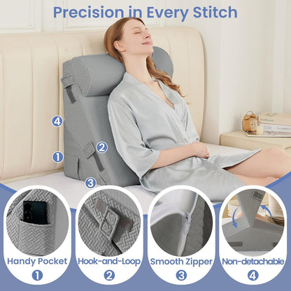 Sasttie Adjustable Wedge Pillow Set for After Surgery, Dark Grey & White | Bed Wedge Pillow Headboard with Memory Foam Neck Cushion, for Acid Reflux, Sleeping, Neck & Back Support
