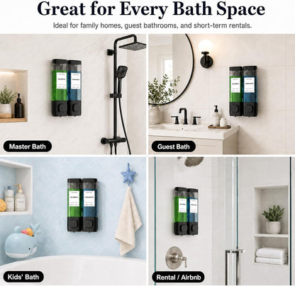 Shampoo and Conditioner Dispenser – Wall-Mounted Shower Soap Dispenser, No-Drill Installation, Lockable, 900 ml Capacity,for Bathroom & Hotel or Airbnb (Black, 3-Pack)