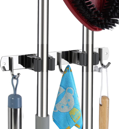 voze 5 Racks and 4 Hooks Mop and Broom Holder Wall Mount, Self Adhesive Heavy Duty Broom Hanger Organizer Storage Tool Racks for Kitchen Garden Laundry Garage
