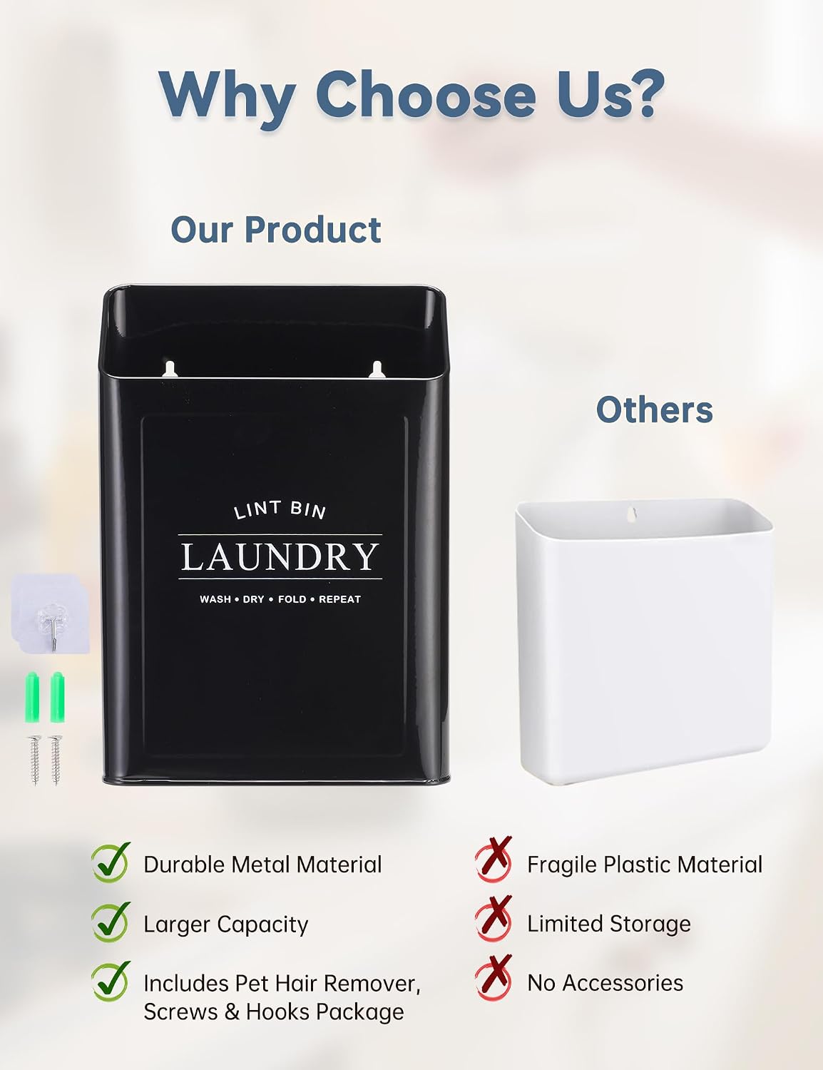 Magnetic Lint Bin, Metal Dryer Lint Trash Can for Laundry Room | Magnetic mount for dryer; includes 2 pet hair removers; farmhouse‑style decor; sturdy metal construction