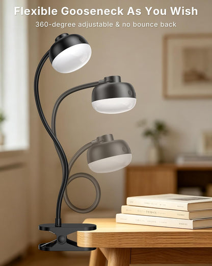 Pebble-Shaped Clip on Reading Light with Detachable Lamp Head, 5000mAh Rechargeable Battery, 360° Ambient Glow, Remote & Timer, Stepless Dimming, 12inch Gooseneck Clamp Lamp for Bed Headboard & Desk