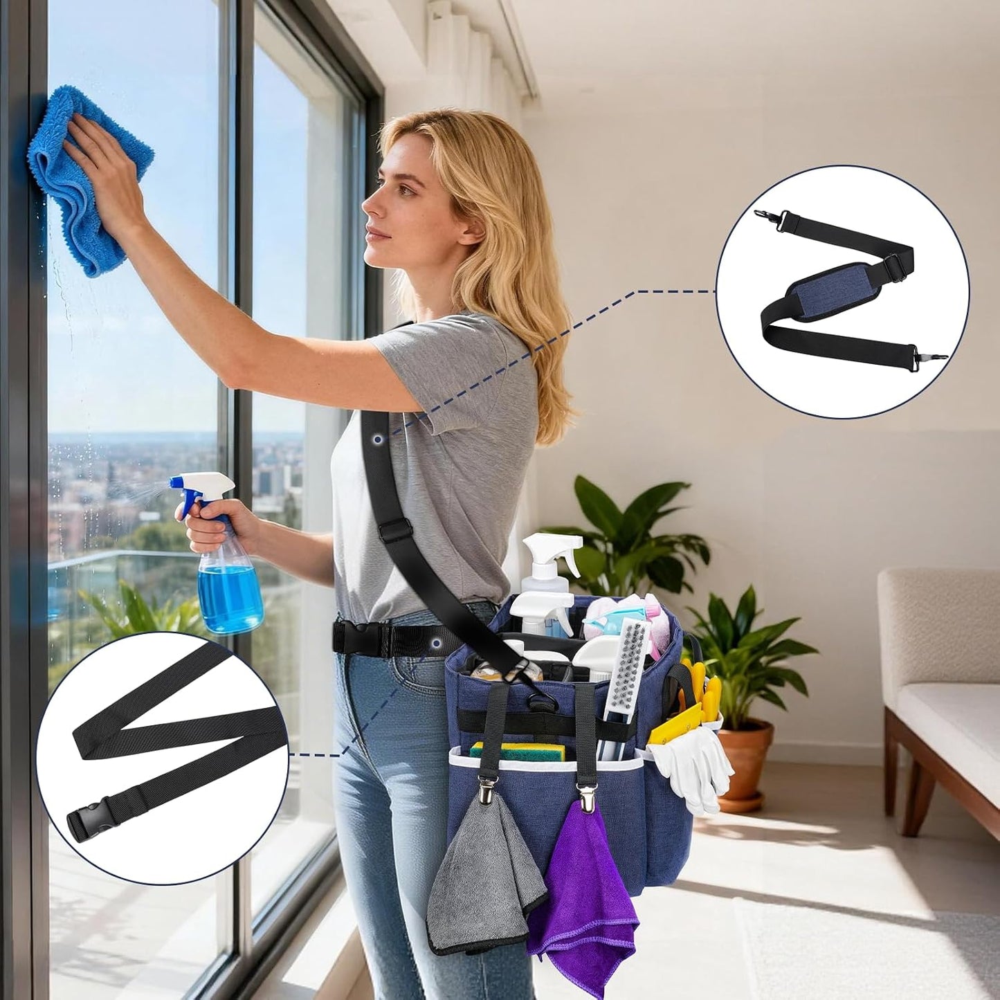 Ytonet Wearable Cleaning Caddy Bag, Large Cleaning Supplies Organizer, Blue | with 4 Foldable Dividers, Shoulder Strap&Waist Strap, Professional Cleaning Bag with Handle for Kitchen Housekeepers Cleaners