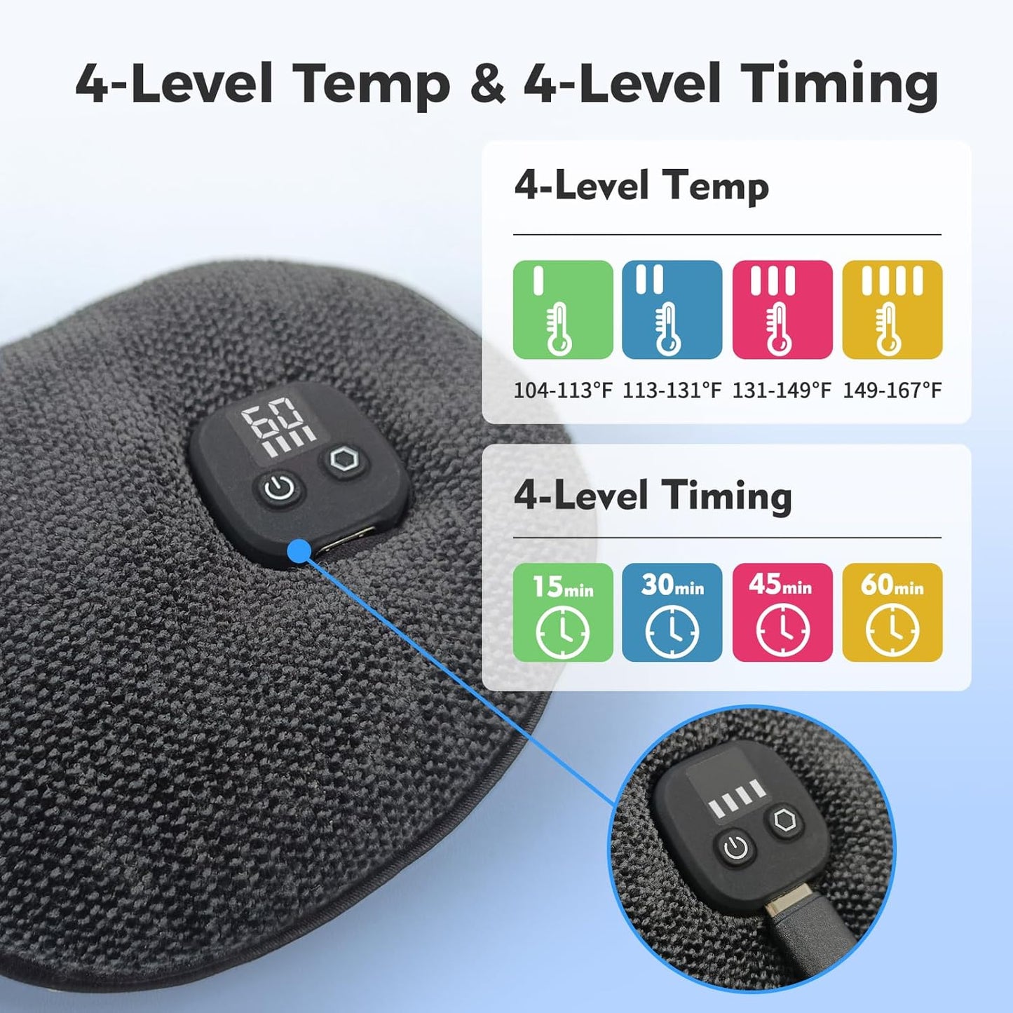 Heated Eye Mask for Dry Eyes, Cordless Warm Eye Compress, 4 Heat Levels, 4-Level Timing, 1000mAh Rechargeable, Blepharitis, Styes, Washable Cover, Travel, Gifts for Family(Black)