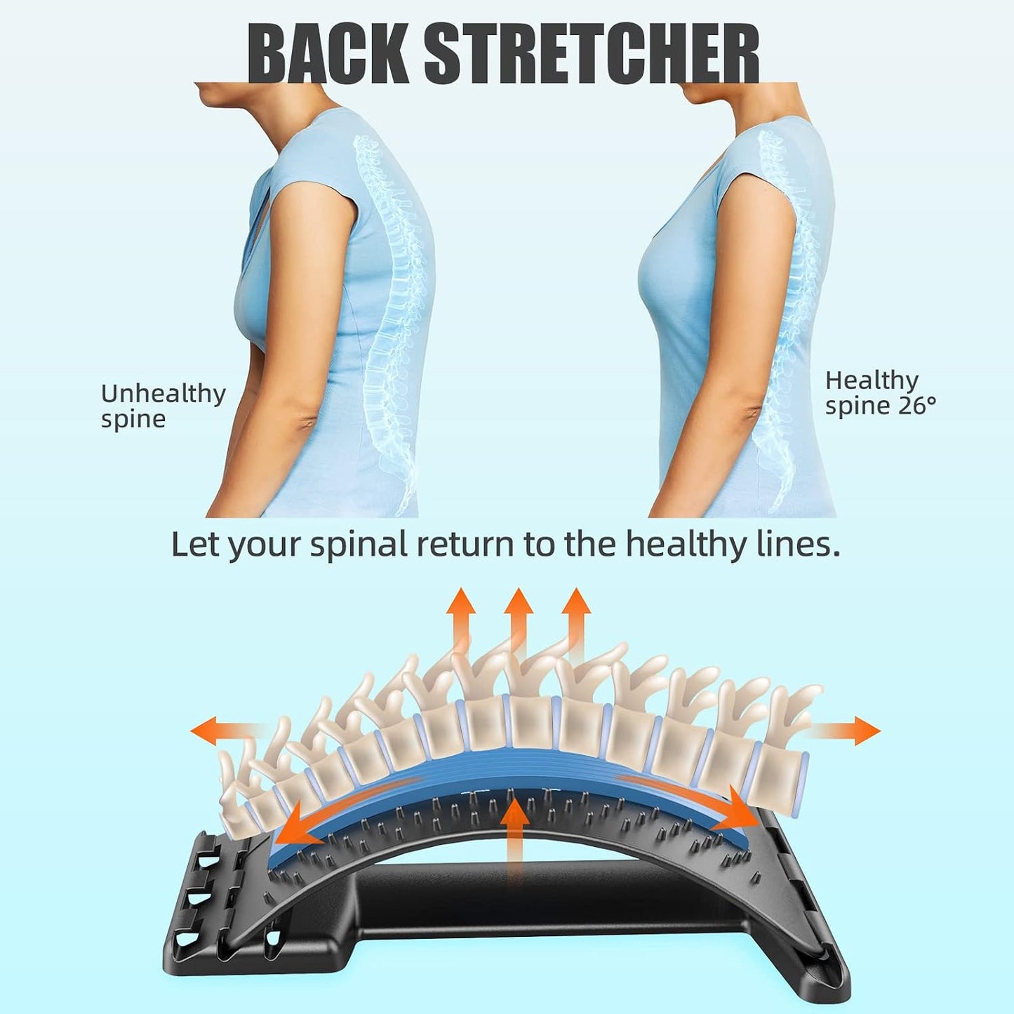 Back Stretcher for Pain Relief, Multi-Level Back Cracker Lower Back Pain Relief Device, Lumbar Support Spine Board with 3 Adjustable Settings for Bed, Chair & Car with Massager
