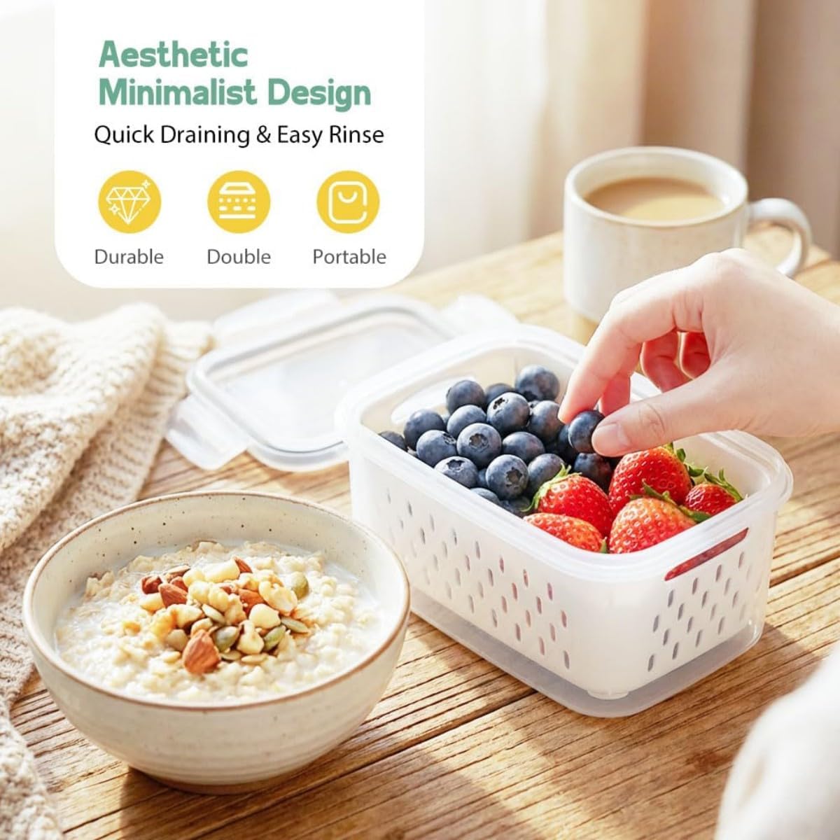 4 in 1 Food Storage Container-2/3 Pack Set with Lids, Fruit Storage Containers for Fridge with Removable Colander,Stackable Fridge Transparent Plastic Storages Box, Dishwasher Safe (Gray, S+M+L)