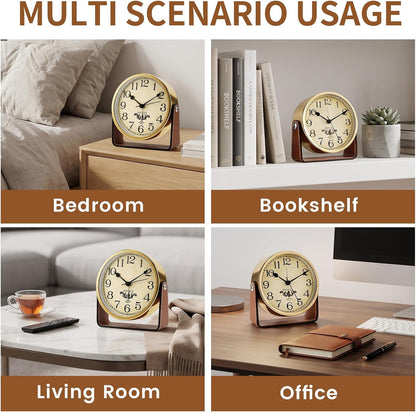 Analog Alarm Clock - 4.5" Silent Non Ticking Small Clock with Light, Rotatable Stand Metal Desk Clock Battery Operated, Simple Design for Living Room Decor/ Bedroom/Bedside/Shelf (Black & White)