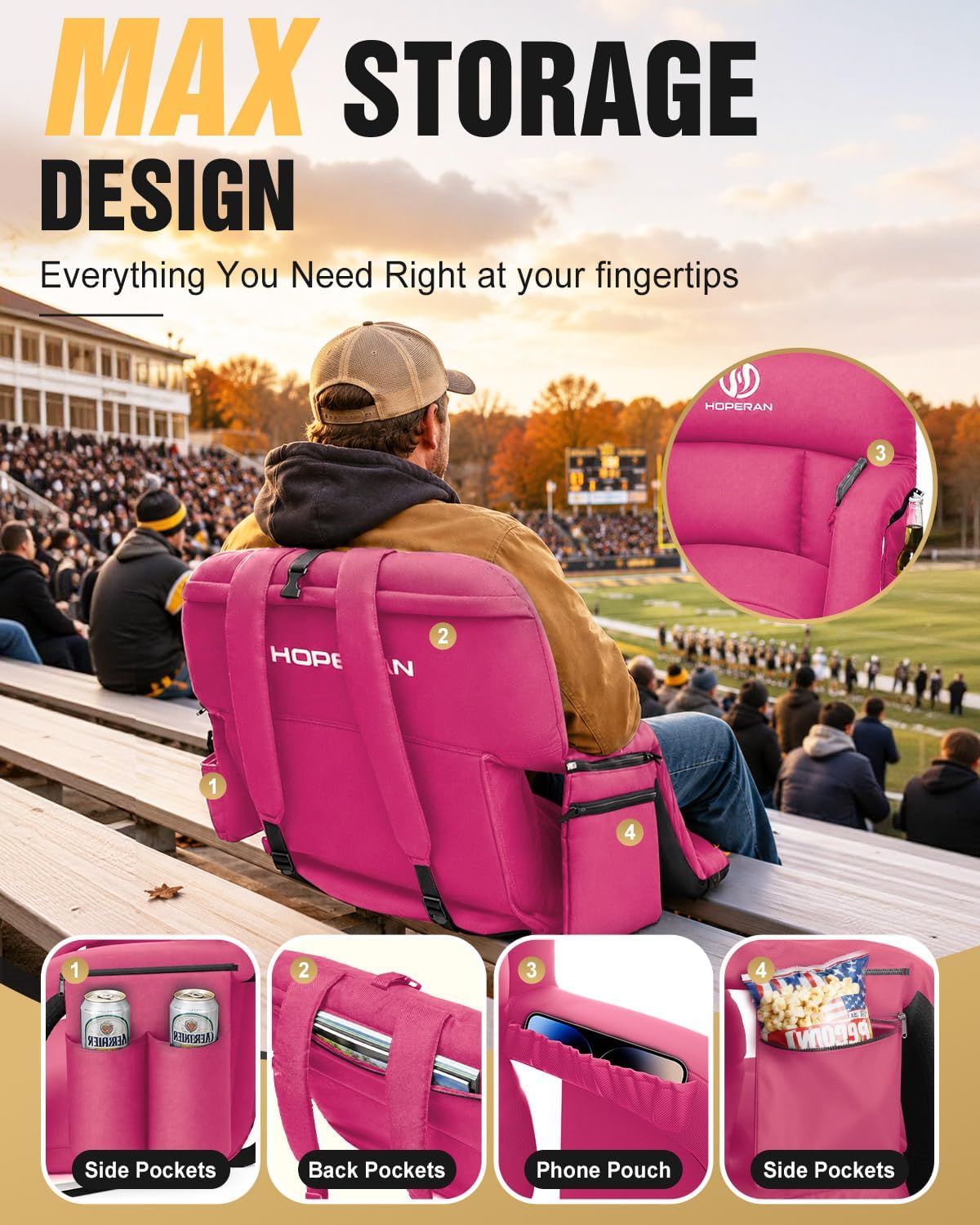 HOPERAN 25in Heated Stadium Seats for Bleachers, 4.3" Extra Thick, Pink | Super Soft Sofa-Style, Independent Seat&Back 3 Level Heat (NO Battery), 6 Recliner, Anti-Slip, Side Pockets, Backpack Straps