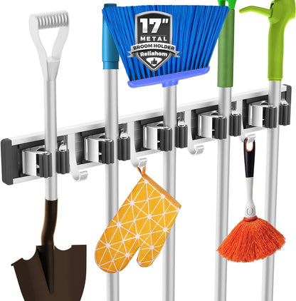 reliahom Broom Holder Wall Mount Mop Hanger Tools organizer 5Racks 4Hooks | Adjustable Mop Broom Wall Hanging Heavy duty Tools Storage Rack Space-saving for Garage,Kitchen,Laundry Room,Garden, Silver