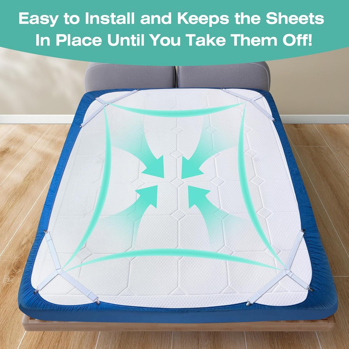Bed Sheet Straps, Easy to Install Sheet Straps, Fitted Sheet Clips, Adjustable Sheet Fasteners, Say Goodbye to The Messy Sheets (Gray-4 Pcs)