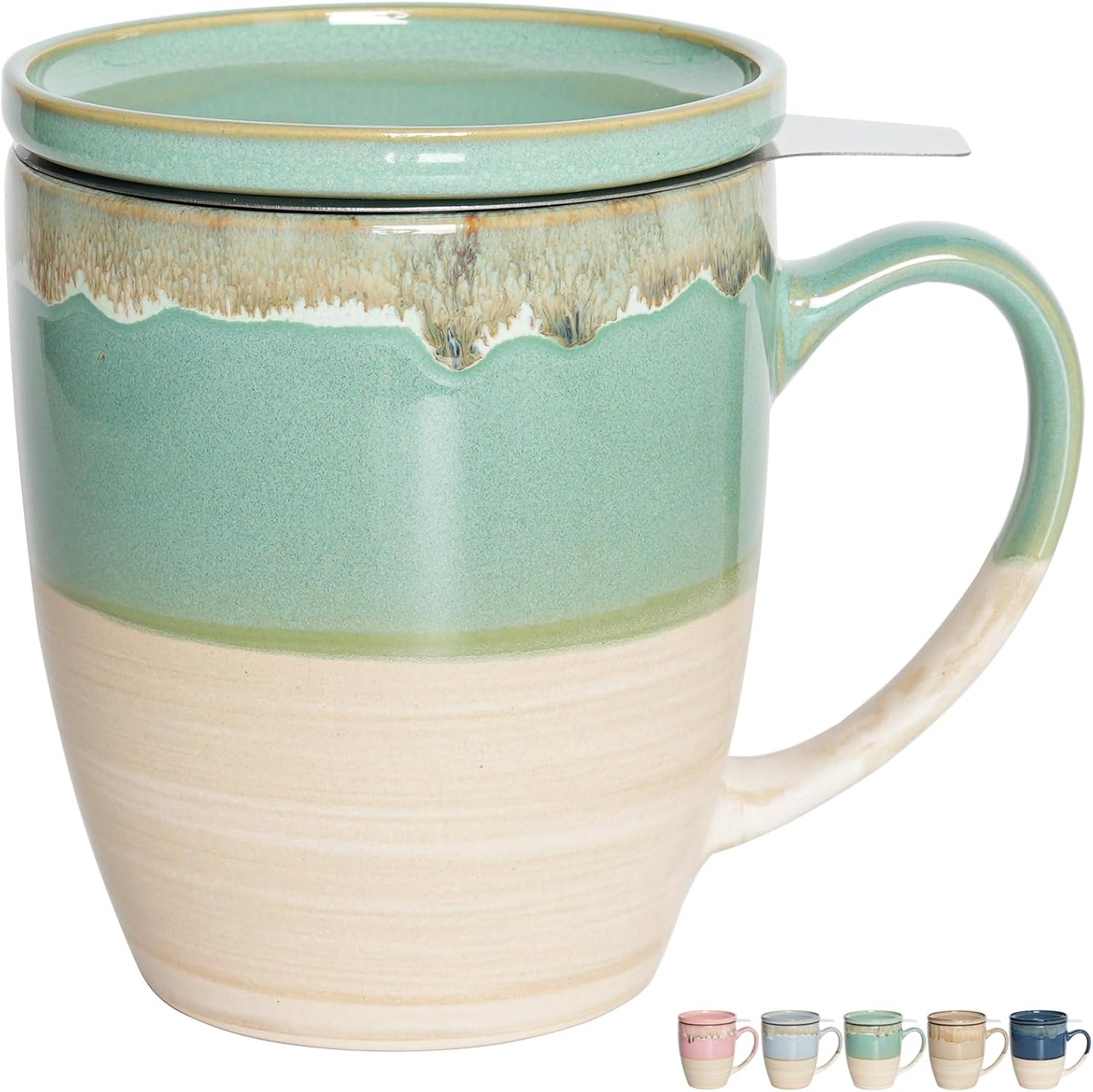 Bosmarlin Ceramic Tea Cup with Infuser and Lid, 16 Oz, Dishwasher and Microwave Safe, 5 Colors to Choose, Reactive Glaze, Steeping Tea Mug with Strainer (Green)