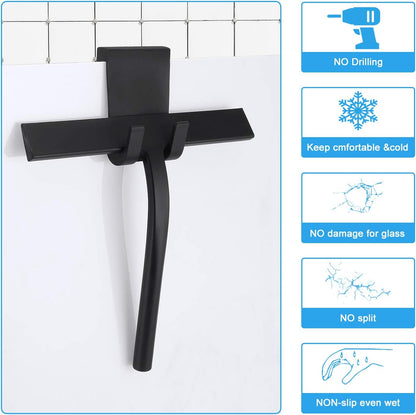 Silicone Shower Squeegee, Black, 9 inch | All-Purpose, For Shower Glass Door Window Mirror Tile Car Walls, 2 Hooks Included, Bathroom Accessories