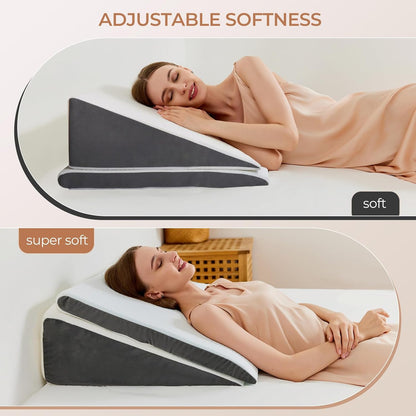 Vekkia Wedge Pillow for Sleep Apnea&Back Pain,Memory Foam Pillow Wedge,2PCS | 7.5'' Adjustable Triangle Pillow for Acid Reflux, GERD, Snoring, Surgery Recovery, Leg Elevation, 2 Heights&Softness Options