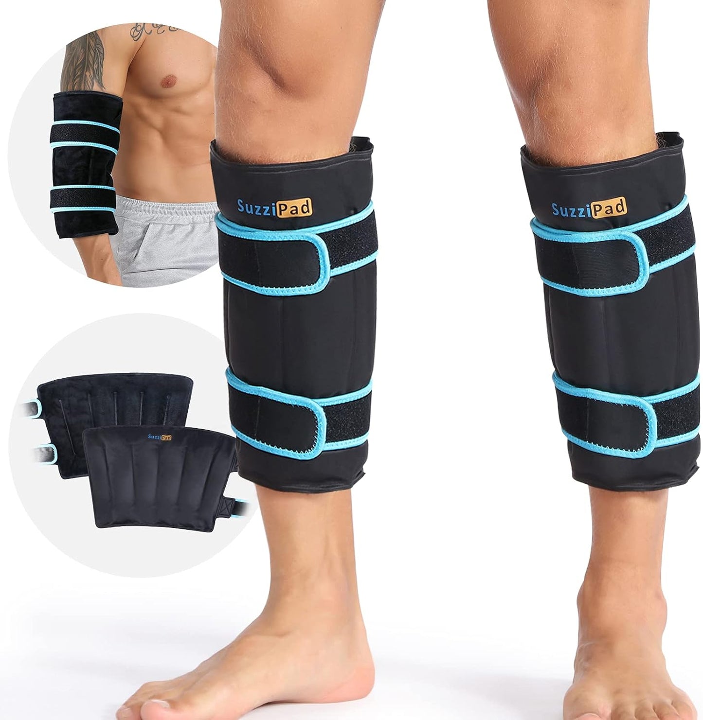 SuzziPad 360° Cold Pack for Calf, Shin, Arm & Elbow – Ice Wrap with Dual-Cover Design, Adjustable Velcro Straps, Leakproof & Reusable Cold Compress for Post-Workout Recovery (2 Packs), Black | Dual-Cover, Adjustable Straps, Leakproof Cold Compress for