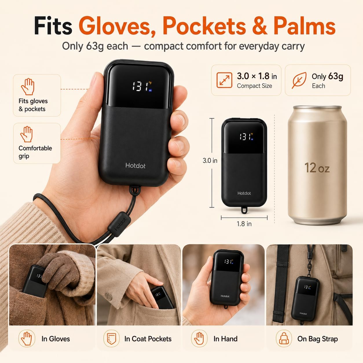 Hand Warmers Rechargeable, Heat Levels (104–131°F), Real-Time Temp & Battery Display, Electric Hand Warmers, Fast Heating, Fits in Gloves/Pocket, Gifts for Women & Men