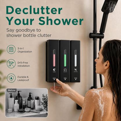 Shampoo and Conditioner Dispenser Wall Mounted, 3-Chamber Shower Soap Dispenser for Bathroom, 1200ML Large Capacity, No-Drill Installation, Clog-Free Pump for Thick Liquids (black-3-pack)