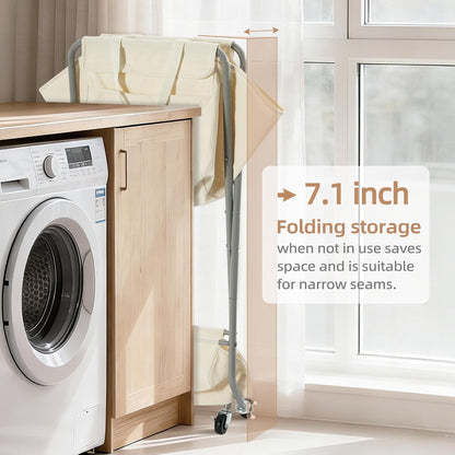 STORAGE MANIAC Collapsible Laundry Cart with Wheels 35.6"H Removable Canvas Bag Rolling Laundry Hamper Clothes Basket with Wheels, Sturdy Steel Frame Folding for Small Narrow Space Easy Storage, Beige