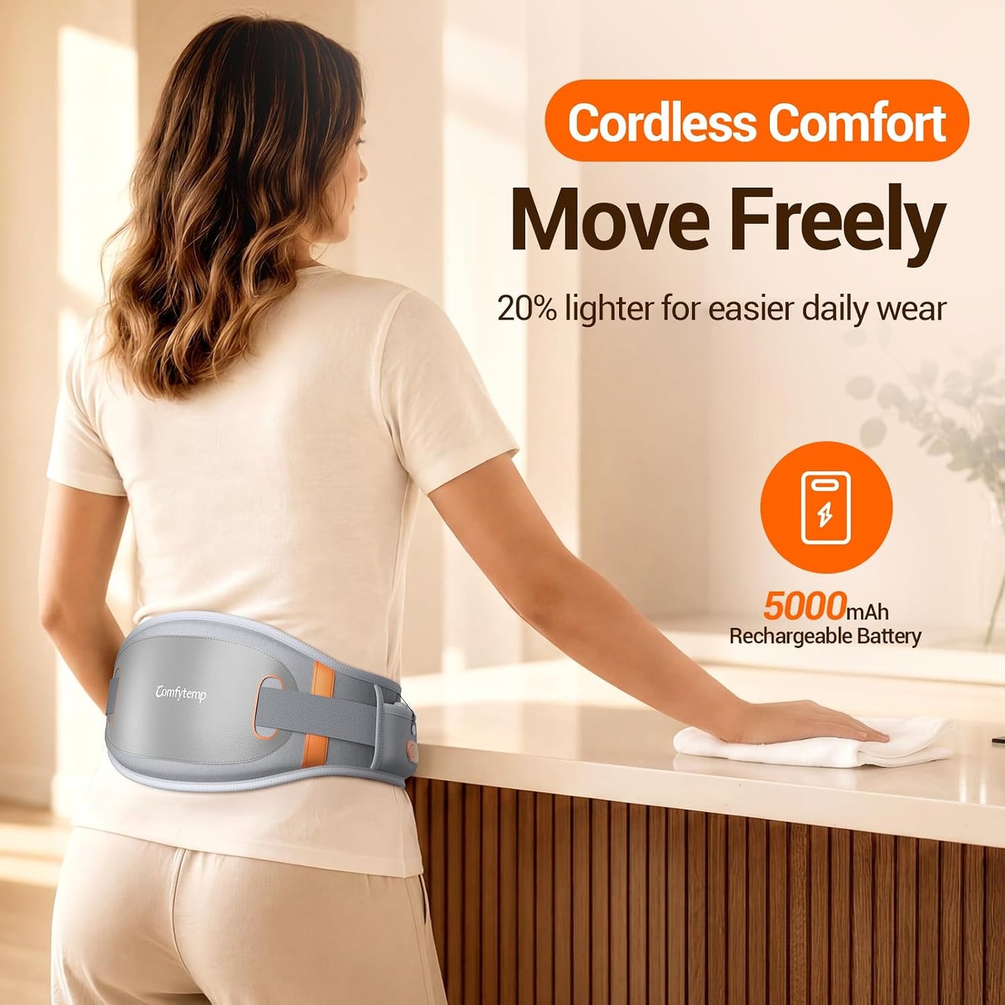 Comfytemp Cordless Heating Pad for Lower Back with Massager Lightweight | Graphene Far Infrared Portable Back Massager, Wearable Rechargeable Heated Waist Belt Wireless, 3 Heat 3 Vibration 30mins Off