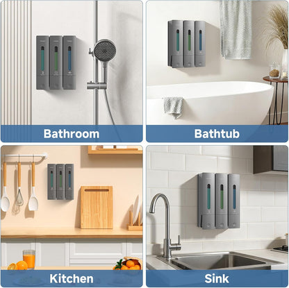 Shampoo and Conditioner Dispenser - Shower Soap Dispenser Wall Mounted No Drill - Shampoo Conditioner Body Wash Dispenser 3 Chamber - Easy Install for Bathroom Hotel Black 1200ml