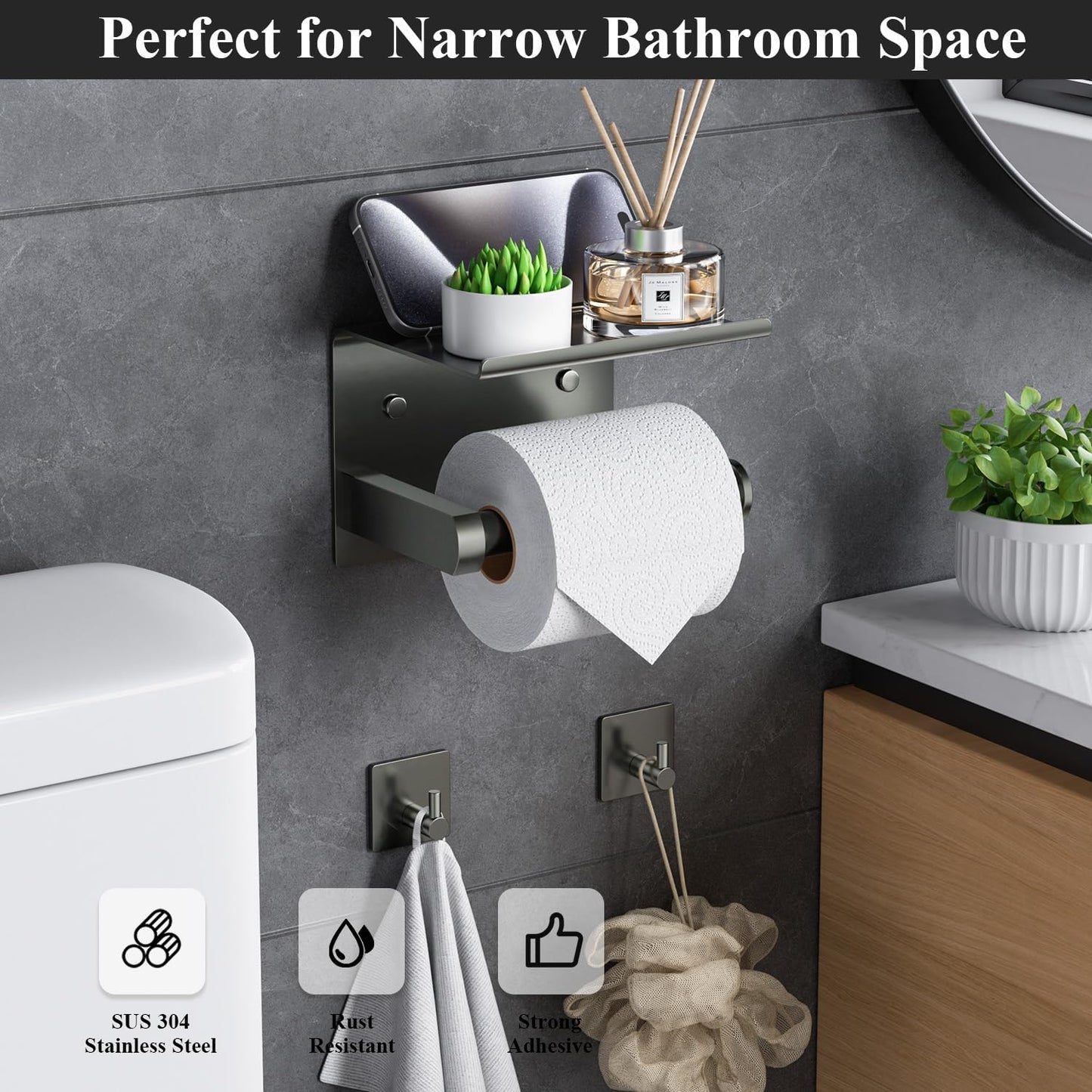 Tindbea Toilet Paper Holder Wall Mount + Towel Robe Hooks, Adhesive or Screw Wall Mounted Toilet Paper Roll Holder with Shelf, Stainless Steel Bathroom Organizers and Storage Kit (Brushed Gold)