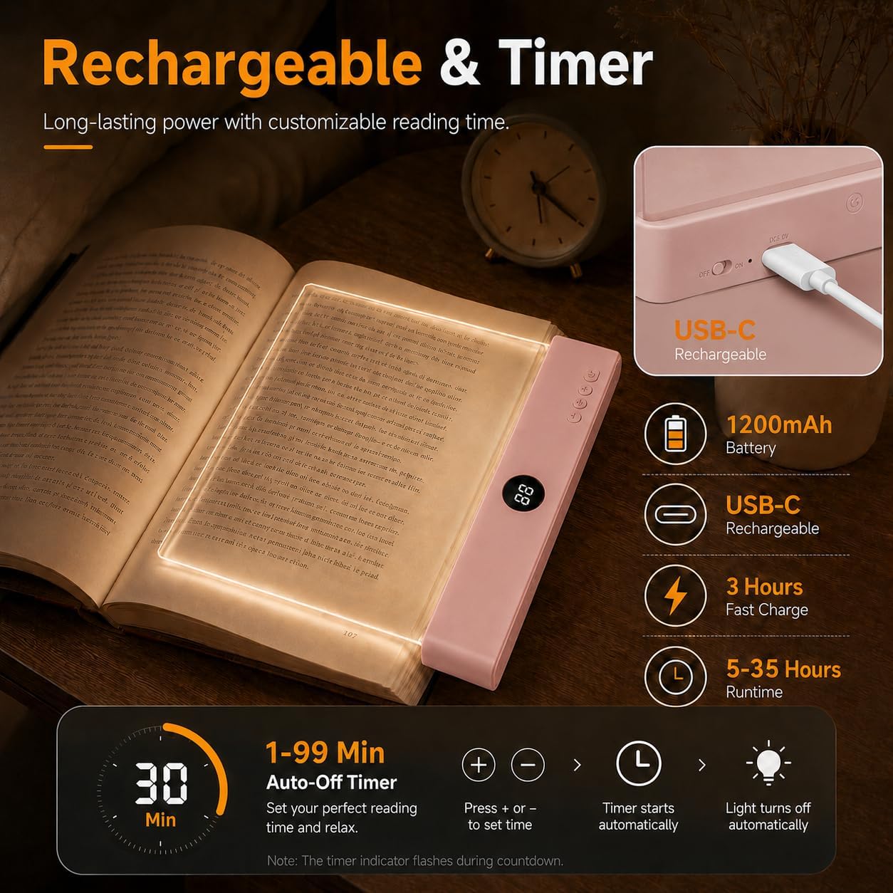 Book Light for Reading in Bed, Rechargeable LED Flat Book Light with Clear Full Page Panel, 3 Color Temperatures, Stepless Dimming, 1–99 Min Timer, 1200mAh USB-C Bookmark Light for Book Lovers(Pink)